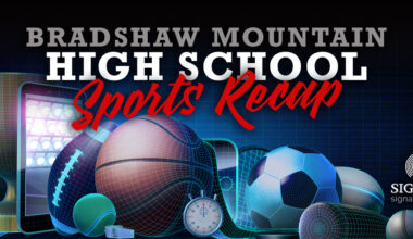 Bradshaw Mountain High School sports Recap with various sports balls and equipment.