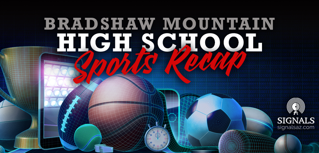 Bradshaw Mountain High School sports Recap with various sports balls and equipment.