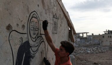 In pictures: Young Syrian artists transform war ruins into mural of remembrance