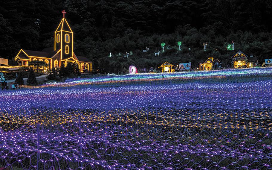 church and land are illuminated.