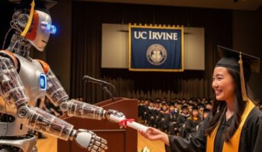 A woman in a graduation gown shakes hands with a robot, symbolizing the fusion of education and technology