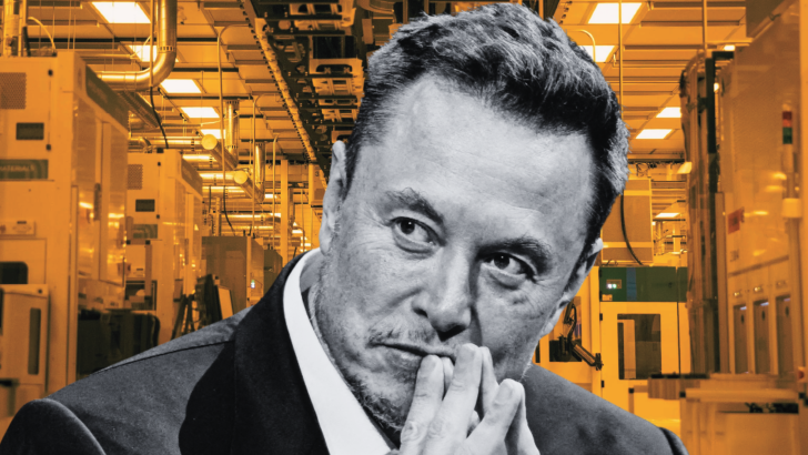 A man in a suit against the backdrop of a factory or industrial setting with orange-tinted lighting.