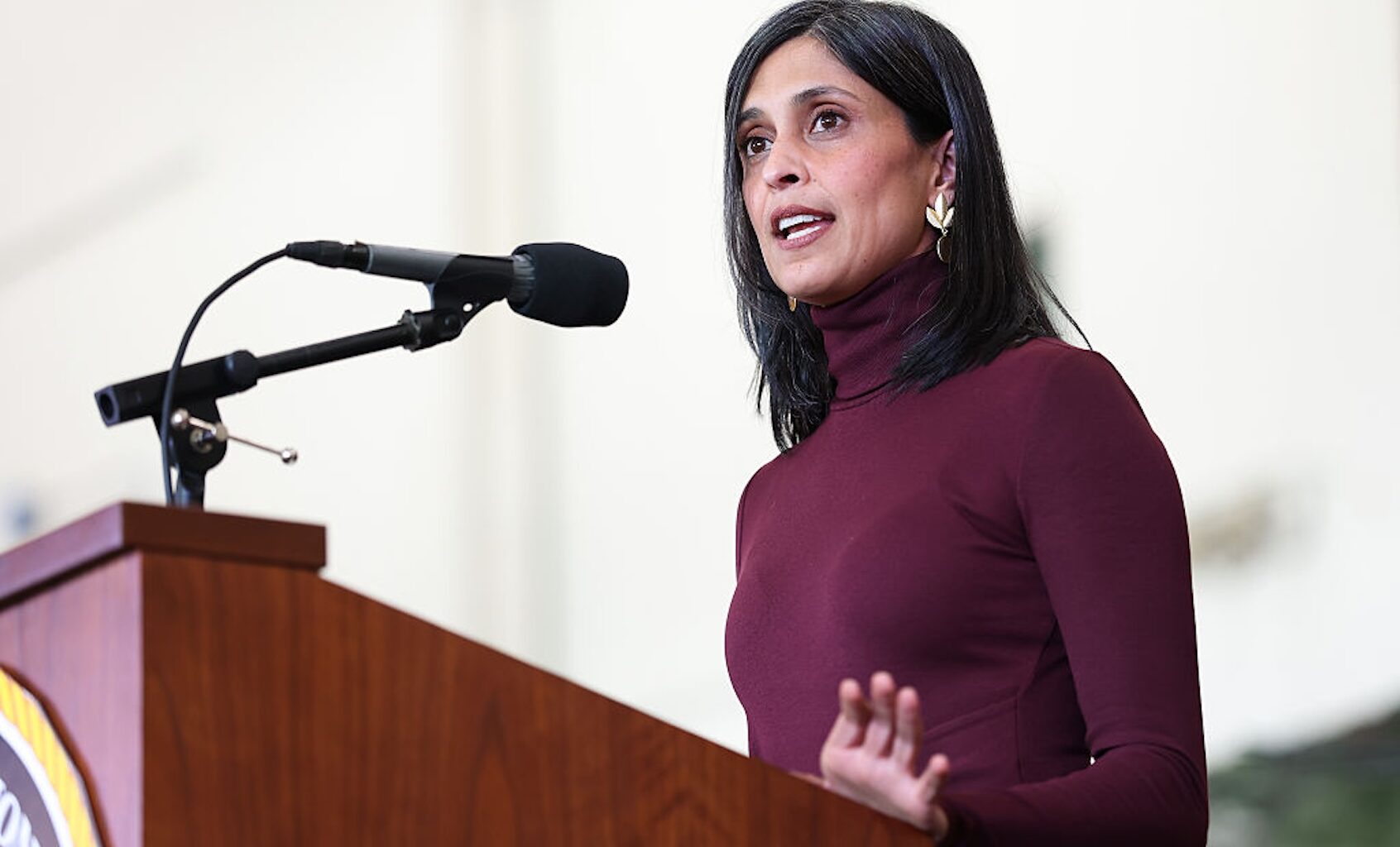Second Lady Usha Vance delivers remarks to military personnel and their families in Jacksonville, North Carolina, on Nov. 19, 2025. (Anna Moneymaker/Getty Images)