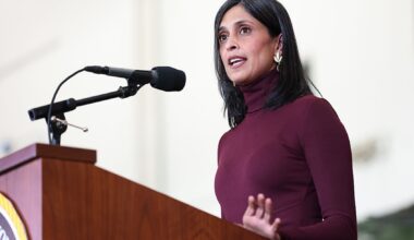 Second Lady Usha Vance delivers remarks to military personnel and their families in Jacksonville, North Carolina, on Nov. 19, 2025. (Anna Moneymaker/Getty Images)