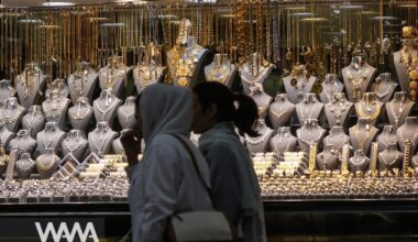 Gold is displayed in the window of a jewelry store in Tehran