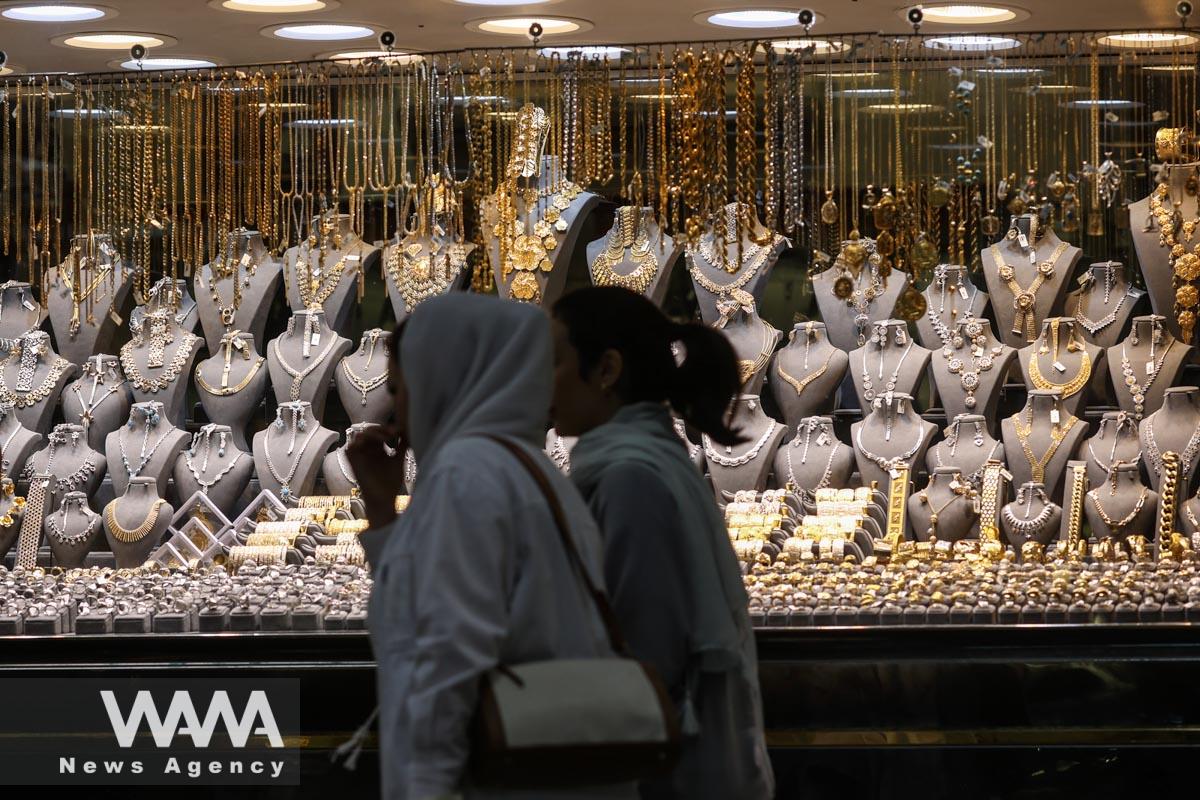 Gold is displayed in the window of a jewelry store in Tehran