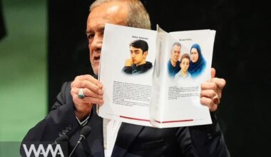 Pezeshkian displays images of those killed in Iran’s 12-day war at the UN. 24 Sep 2025. Social media / WANA News Agency