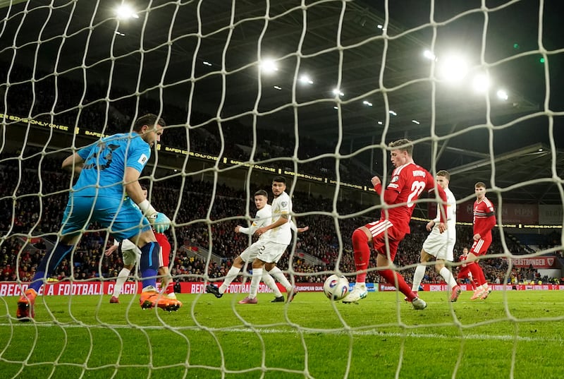 Nathan Broadhead scores Wales's seventh goal. Photograph: David Davies/PA