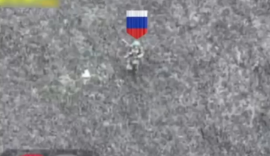 A russian soldier using his rifle as a bat was distracted by drone #1 and got hit by drone #2 instead, then drone #1 also hit him. October 2025. [Censored]