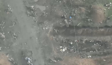 NSFW [very graphic!]: One more russian soldier is added to the increasing pile of dead bodies at the Novotoretske anti-tank ditch. Published by the 414th UAS Brigade Birds of Magyar. Pokrovsk direction.[ Publ. 29.11.2025]