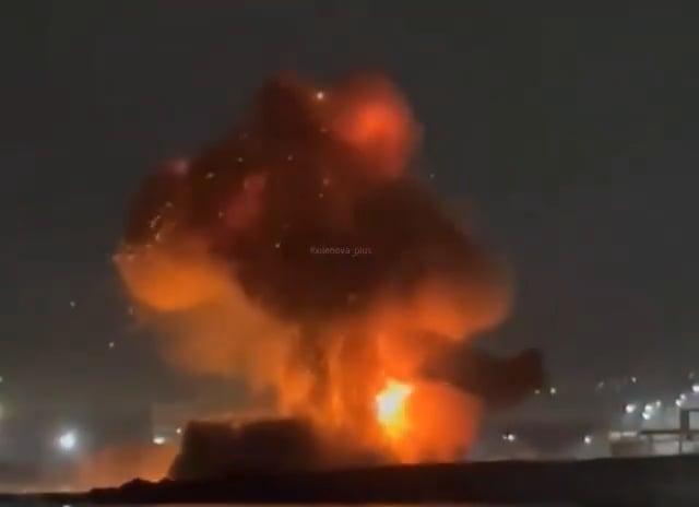 An explosion during the Ukrainian naval drone attack on the port of Tuapse, in Krasnodar Krai, Russia earlier today