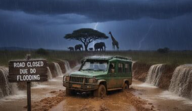 Create a realistic illustration of a muddy, flooded road in an african national park during the rainy season. Show a 4x4 vehicle stuck in deep mud, with water flowing over the road and heavy rain falling. Dark storm clouds fill the sky, and in the background, a silhouette of a giraffe or elephant can be seen watching from a distance. A "road closed due to flooding" sign stands prominently in the foreground. The scene should capture the difficulty and danger of traveling to african national parks during the wet season, with a tense and dramatic atmosphere