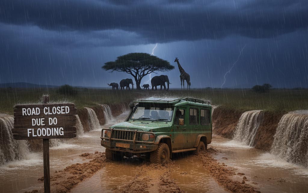Create a realistic illustration of a muddy, flooded road in an african national park during the rainy season. Show a 4x4 vehicle stuck in deep mud, with water flowing over the road and heavy rain falling. Dark storm clouds fill the sky, and in the background, a silhouette of a giraffe or elephant can be seen watching from a distance. A "road closed due to flooding" sign stands prominently in the foreground. The scene should capture the difficulty and danger of traveling to african national parks during the wet season, with a tense and dramatic atmosphere