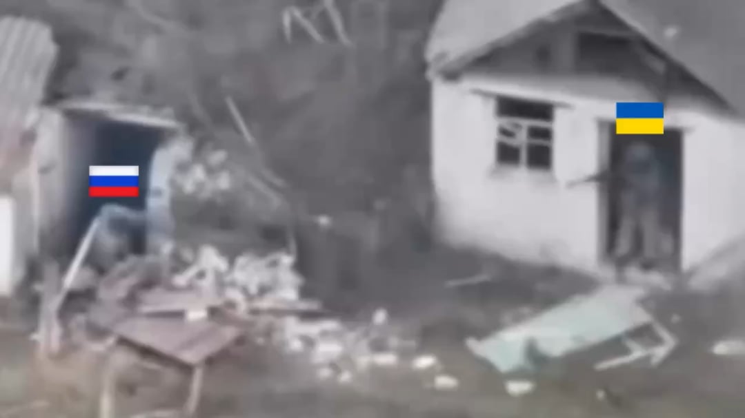 A russian soldier crawling out of a basement is shot and killed by a Ukrainian soldier. Myrnohrad, November 2025.