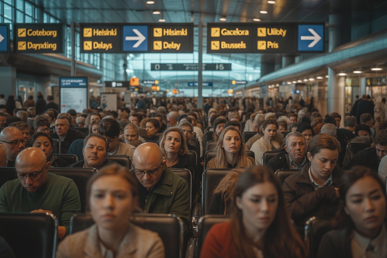 More than 75 flight cancellations and 864 delays hit europe, including sweden, finland, spain, belgium, france, as sas, finnair, vueling, brussels, air france face travel chaos, leaving thousands of travelers stranded across goteborg, helsinki, barcelona, brussels, paris