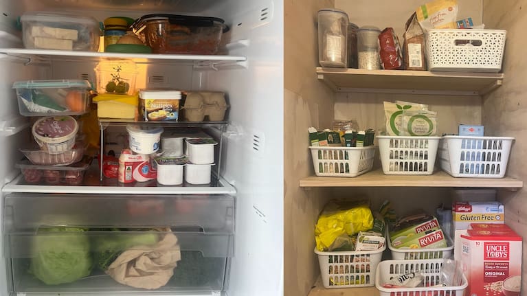 A peek into Sophie's fridge (left) and pantry (right).