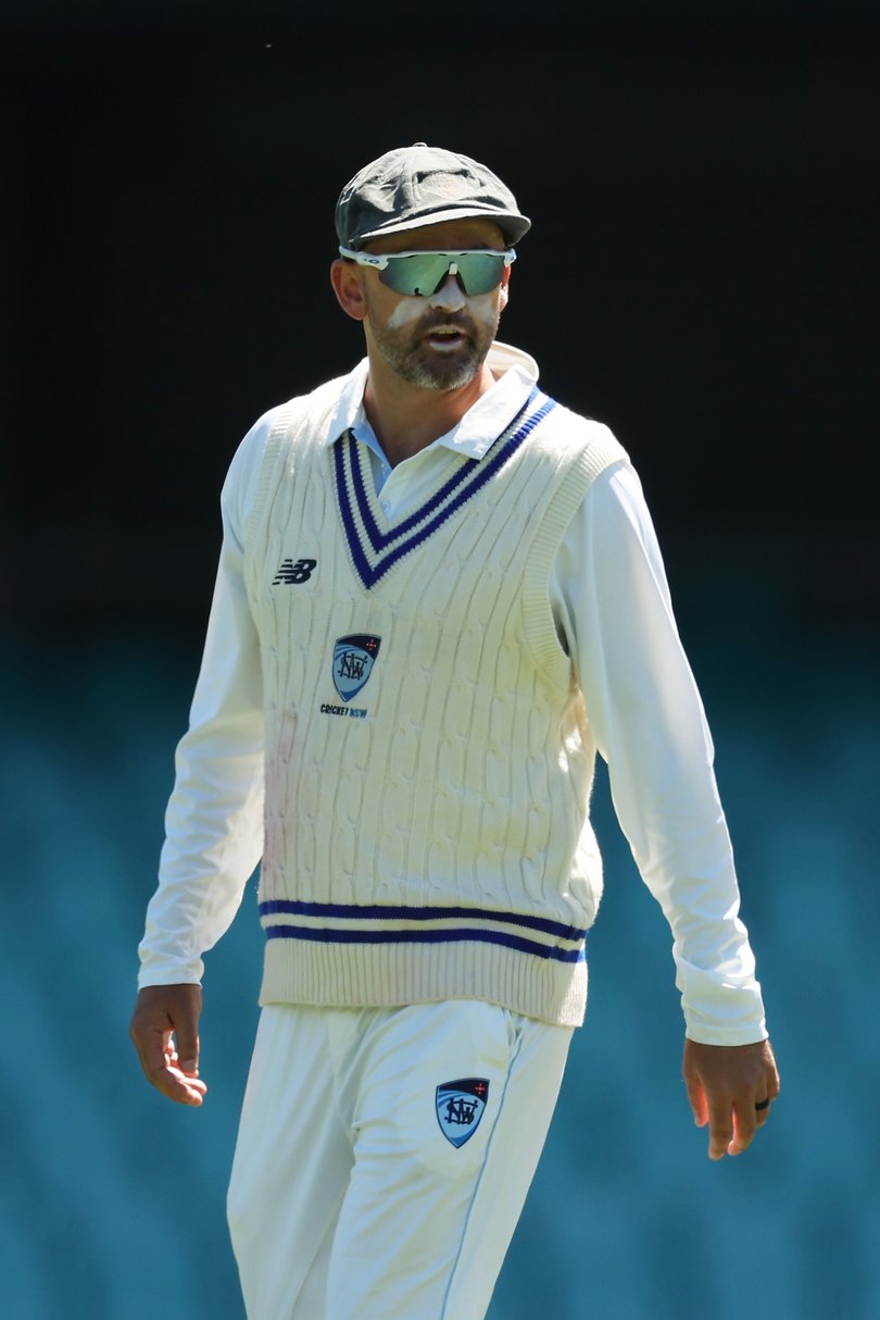 SYDNEY, AUSTRALIA - NOVEMBER 12:  Nathan Lyon of New South Wales looks on during day three of the Sheffield Shield  match between New South Wales and Victoria at Sydney Cricket Ground, on November 12, 2025, in Sydney, Australia. (Photo by Matt King/Getty Images)