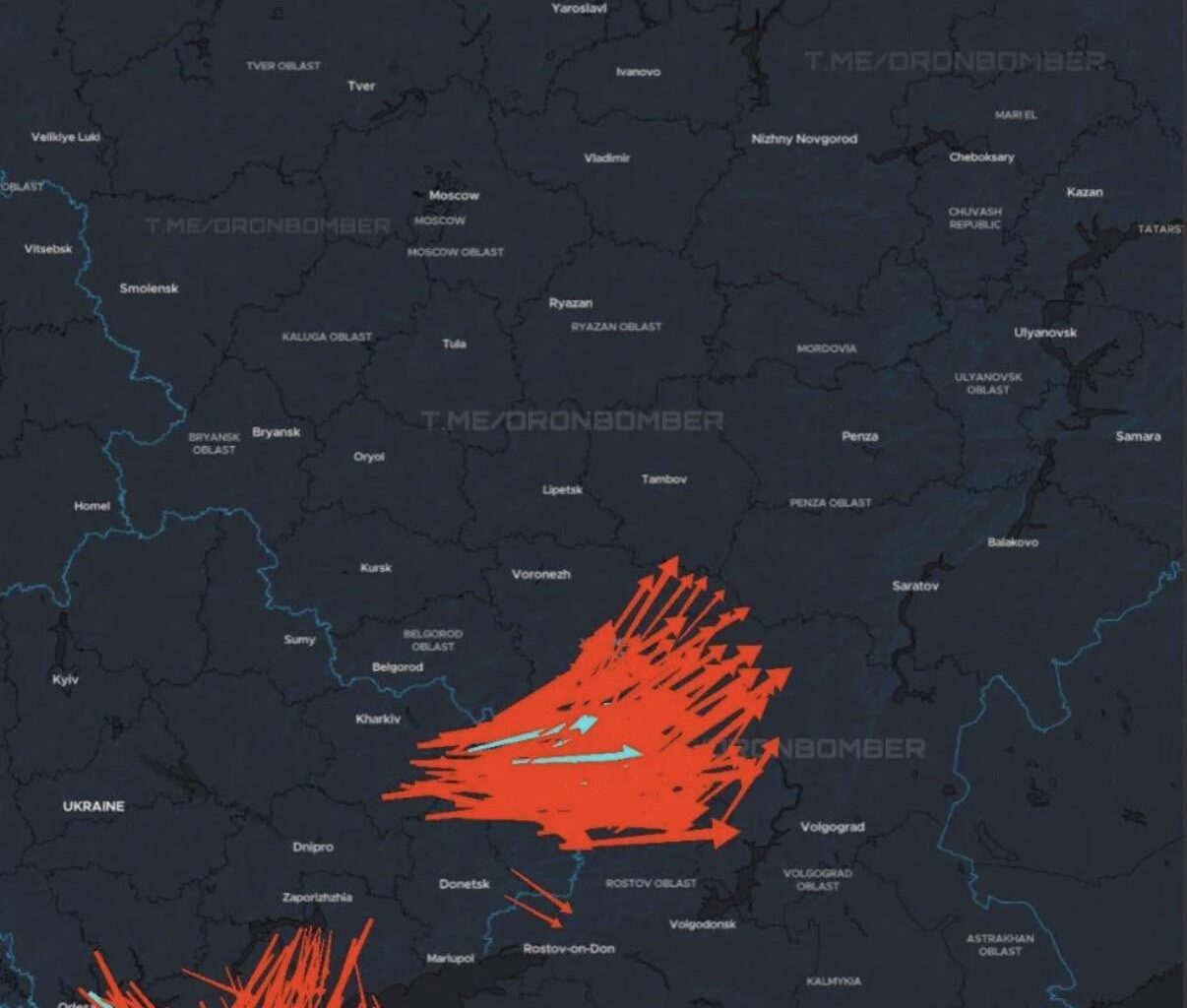 Massive Ukrainian drone attack on Russia reported by Dronebomber. Information is current as of 27/11 22:05