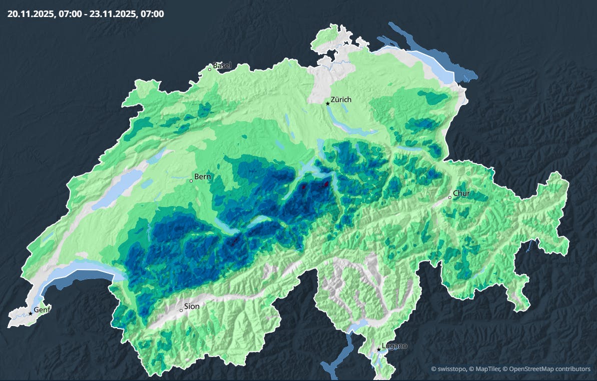 Die erwartete Neuschneemenge gemäss Meteo Schweiz. Bis Sonntag kann es weit ins Flachland hinein bis zu 10 Zentimeter Neuschnee geben. In den Voralpen sogar bis zu 30 Zentimeter und mehr. Die erwartete Neuschneemenge gemäss Meteo Schweiz. Bis Sonntag kann es weit ins Flachland hinein bis zu 10 Zentimeter Neuschnee geben. In den Voralpen sogar bis zu 30 Zentimeter und mehr.