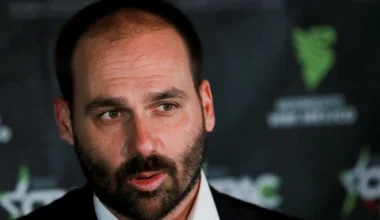 FILE PHOTO: Brazilian politician and lawyer Eduardo Bolsonaro, son of Brazilian President Jair Bolsonaro, speaks as he attends an interview with the media during the Conservative Political Action Conference (CPAC) in Mexico City, Mexico, November 18, 2022. REUTERS/ Henry Romero/File Photo