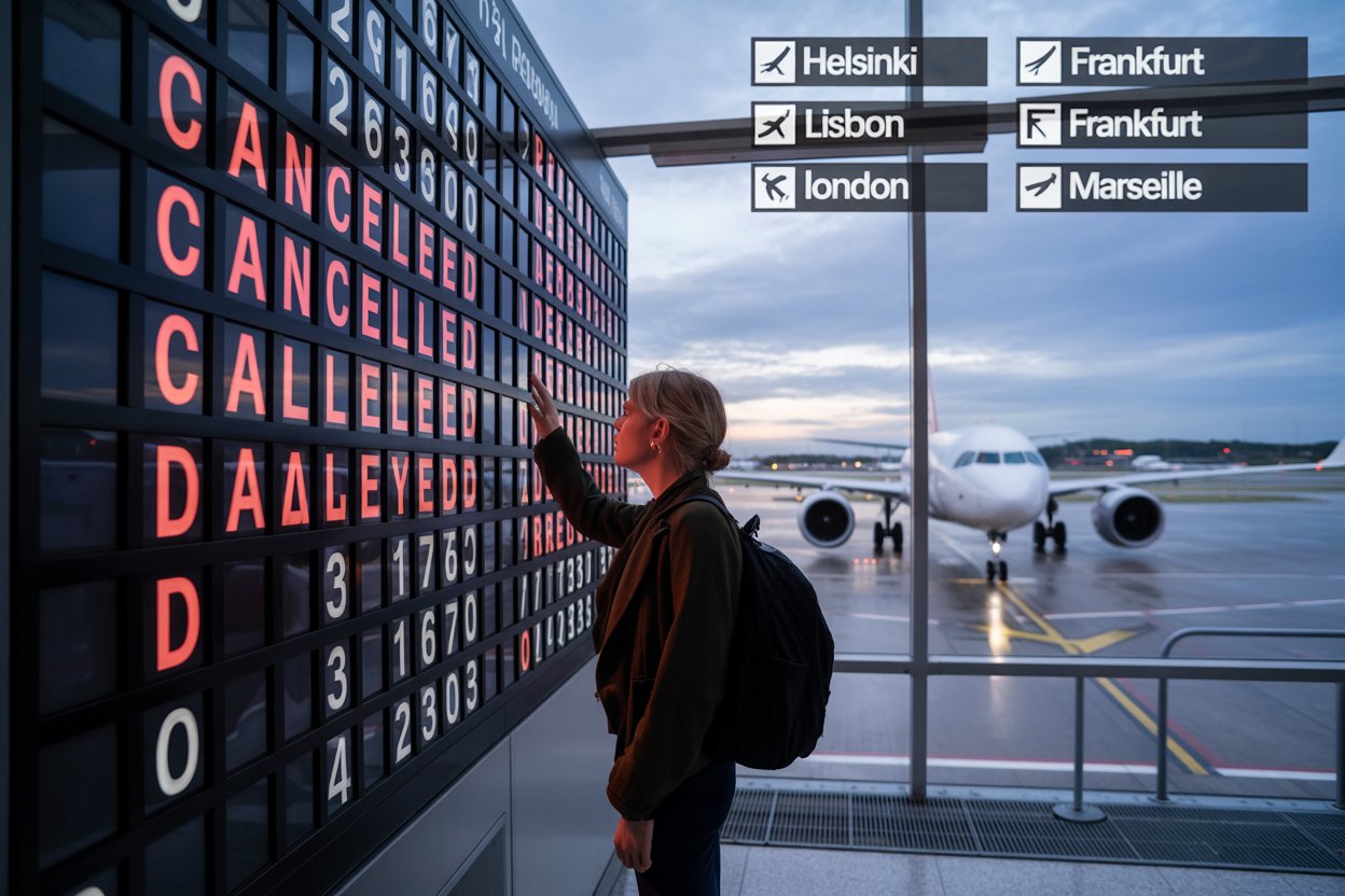 Passengers stranded in finland, portugal, germany, uk, france as finnair, tap, lufthansa, virgin atlantic, air france face 22 flight cancellations and 589 delays across helsinki, lisbon, frankfurt, london, marseille, and more