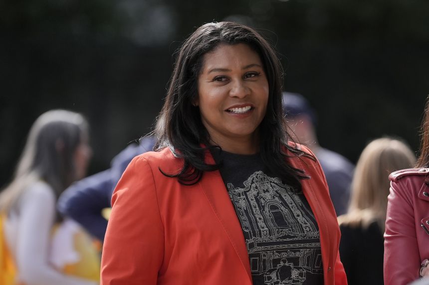 San Francisco Mayor London Breed smiles at a Halloween event while campaigning in San Francisco on October 26, 2024.