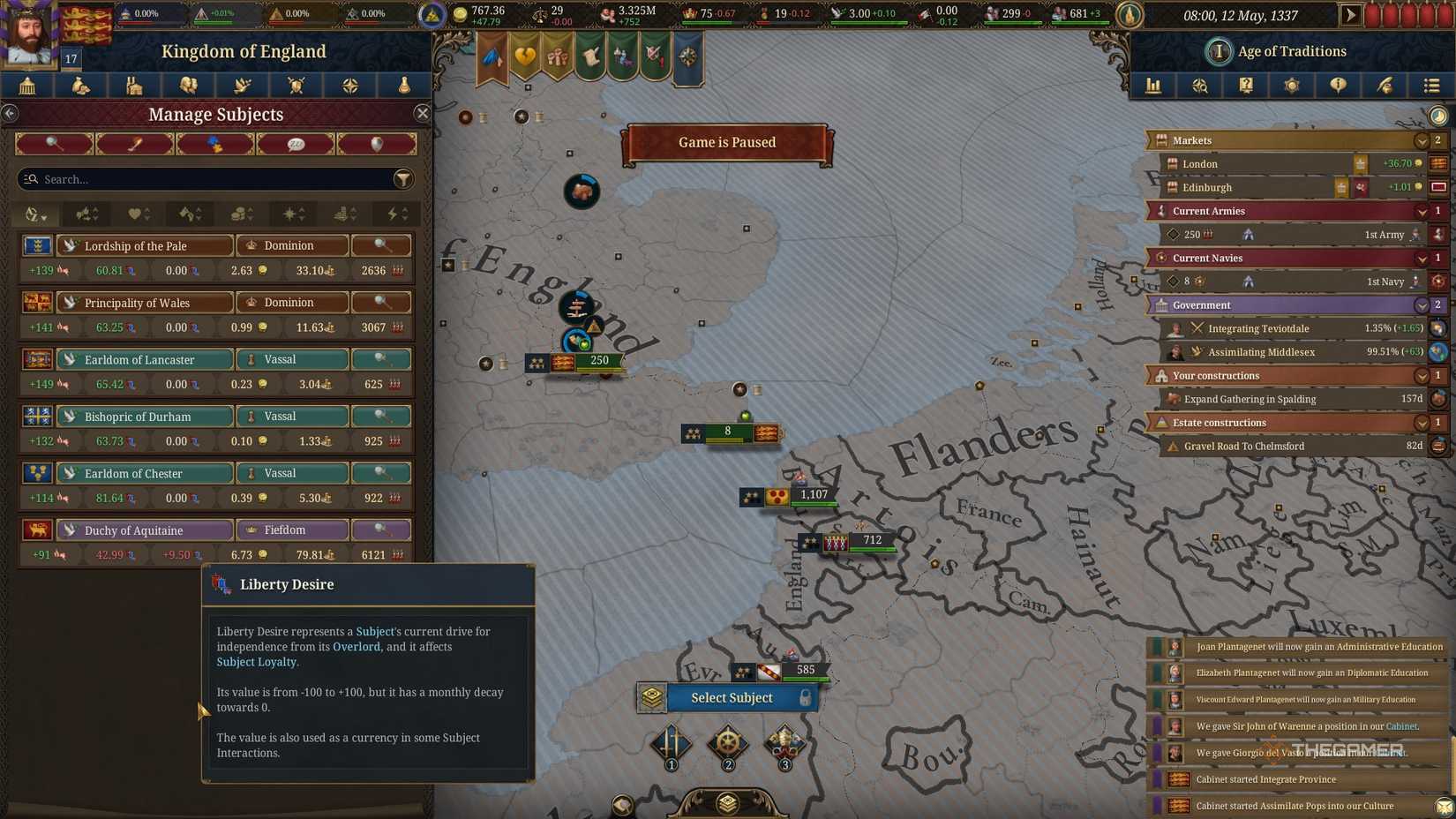 Aquitaine having a raising desire for liberty from England ahead of the Hundred Years War in Europa Universalis 5.