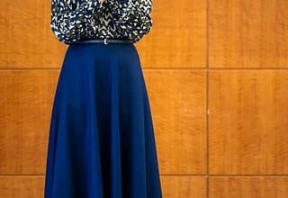 Queen Mary rewears print Jesper Høvring top with a blue mid skirt at the Independent Research Fund of Denmark conference