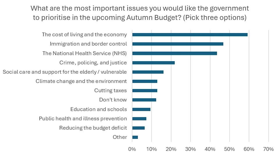 Almost half the population feels the government should tackle immigration and border security in the upcoming Autumn budget. <span class="mjYl8"> Credit: PLMR/IPPR</span>