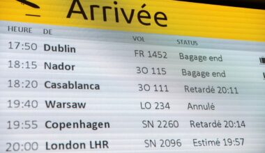 The arrivals billboard displays cancelled and delayed flights in Zaventem airport outside Brussels, on Tuesday evening