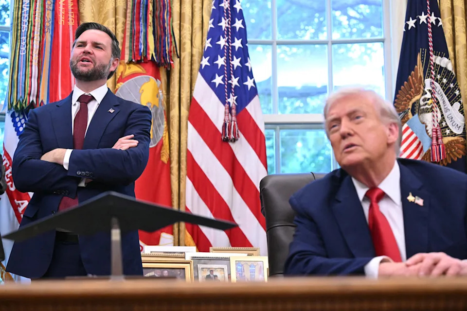 Vice President JD Vance and President Donald Trump speak to reporters in the Oval Office of the White House in Washington, DC, on Sept. 25, 2025.