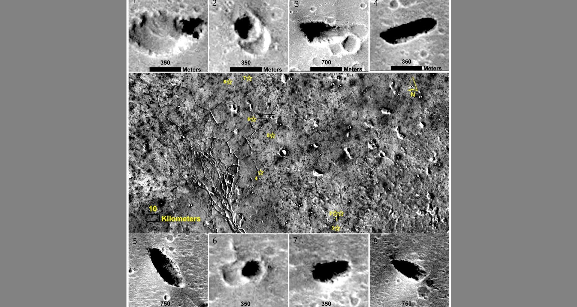 A series of grayscale images showing holes in the surface of Mars where caves have formed