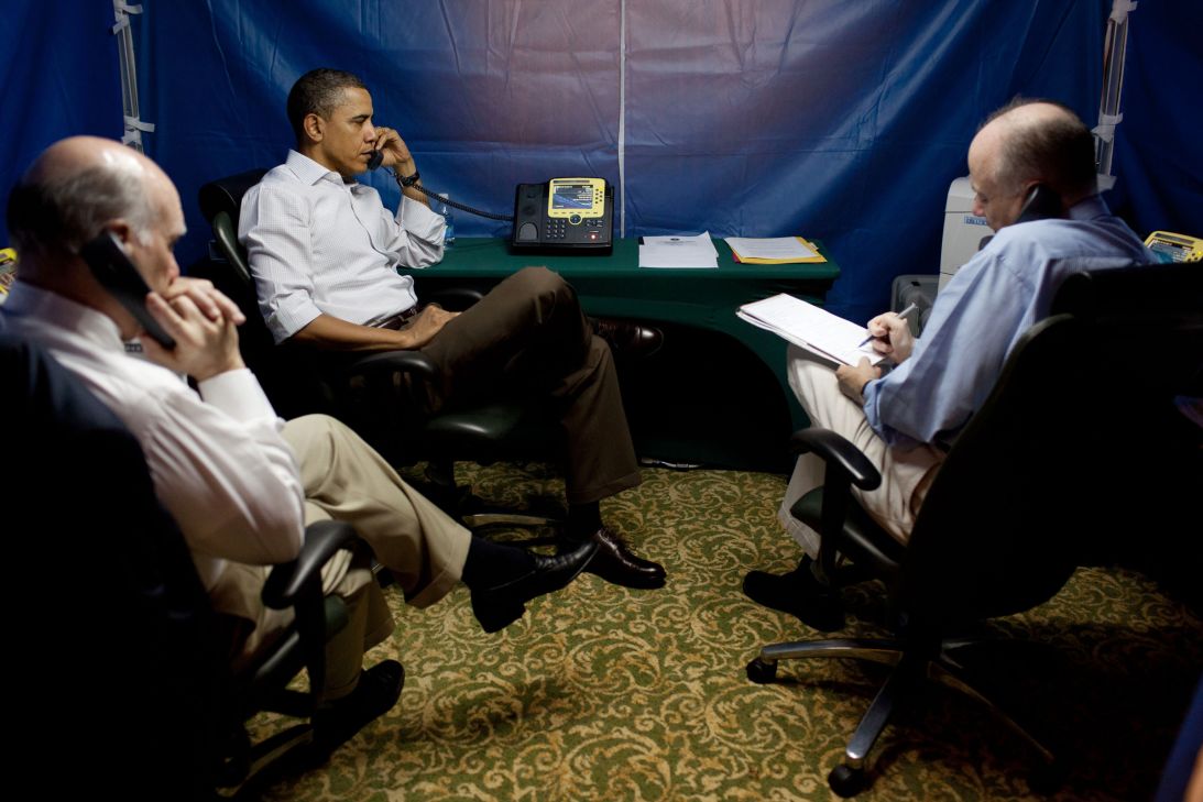 In this handout image provided by the White House, President Barack Obama is briefed on the situation in Libya during a secure conference call on March 20, 2011, in Rio de Janeiro, Brazil.
