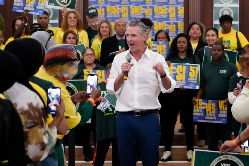 Governor Gavin Newsom spoke with supporters during a rally with the United Domestic Workers of America on November 1, in San Diego, California.