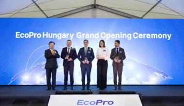 Officials from EcoPro and the Hungarian Investment Promotion Agency pose for photos during the celebratory ceremony held for the company's construction of its cathode material plant in Debrecen, Hungary, on Nov. 28. [ECOPRO]