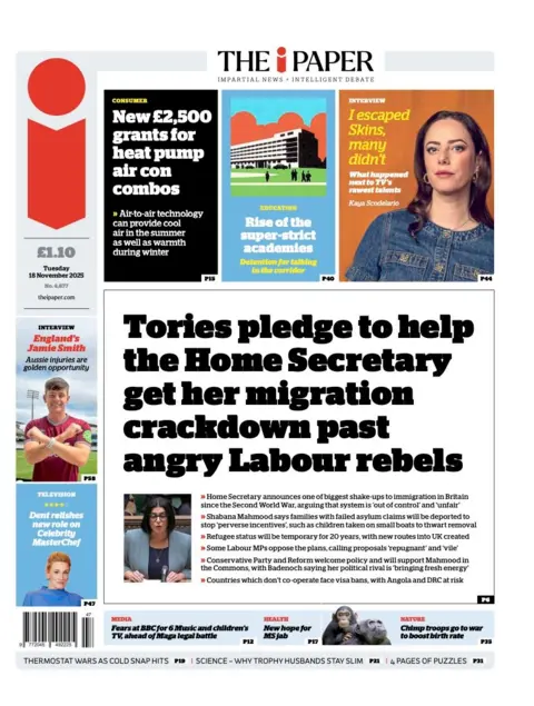 The headline on the front page of the i Paper reads: “Tories pledge to help the Home Secretary get her migration crackdown past angry Labour rebels”.