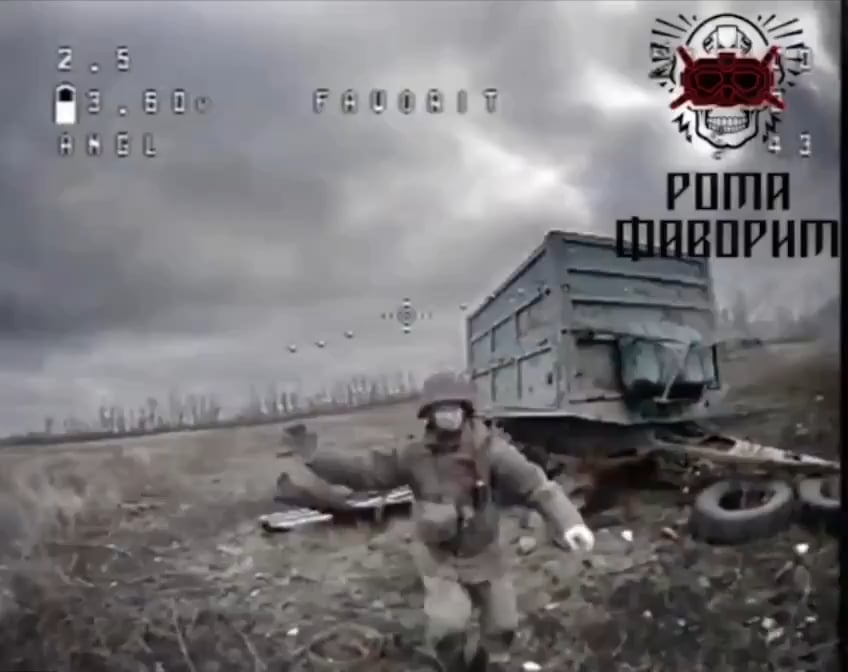 Russian  soldier trying to fight of Ukrainian drone using various nearby objects. Donetsk  region