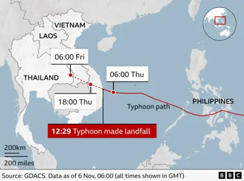 Image shows the path of the typhoon, which made landfall in Vietnam at 12:29 (GMT) on 6 November 