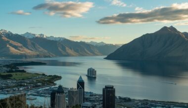 Scenic view of new zealand, with snow-capped mountains, a serene lake, and the city skyline, showcasing the natural beauty and vibrant atmosphere of the region