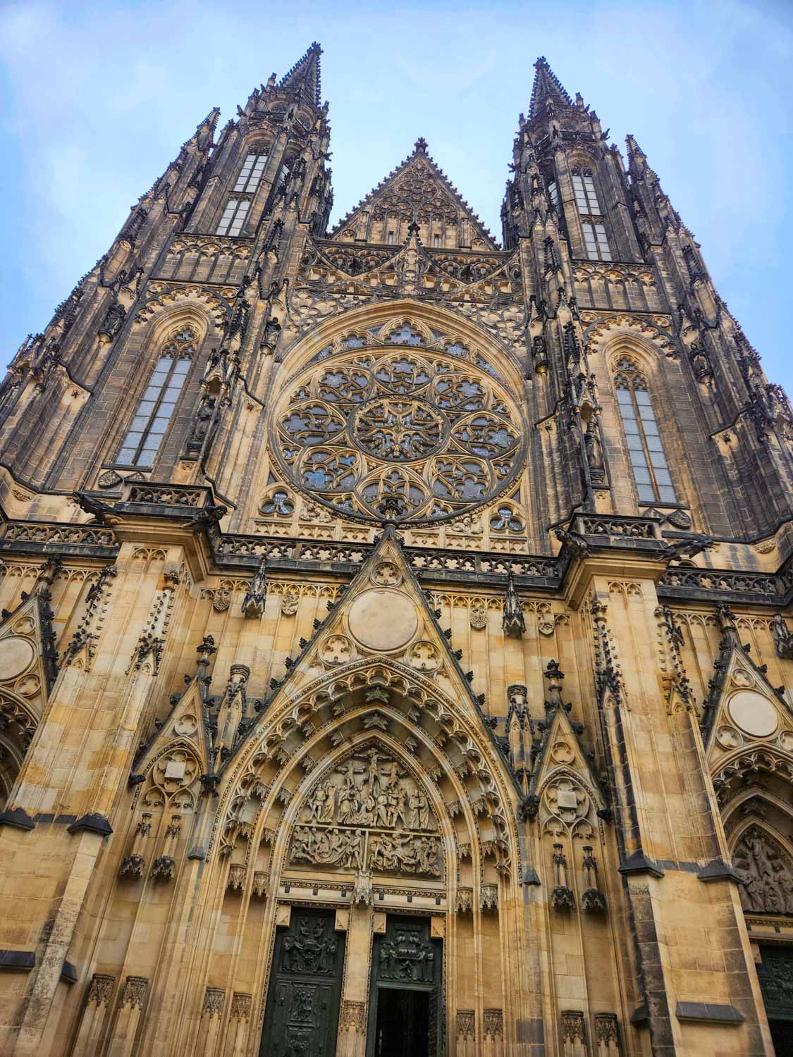 Front facade of St Vitus cathedral in the Prague Castle complex - a visit is unmissable during a stay in Prague with kids