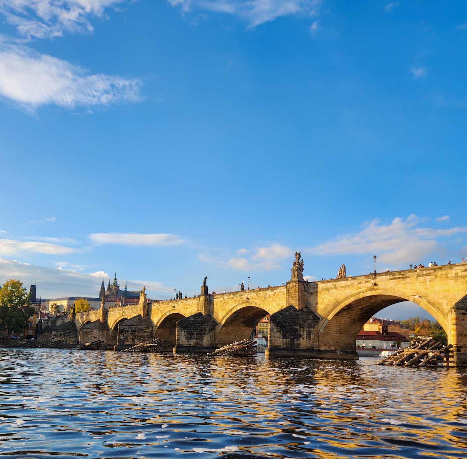 View of the Charles Bridge lit up by golden sunshine on a sunny day from the Vltava River during a holiday in Prague with kids