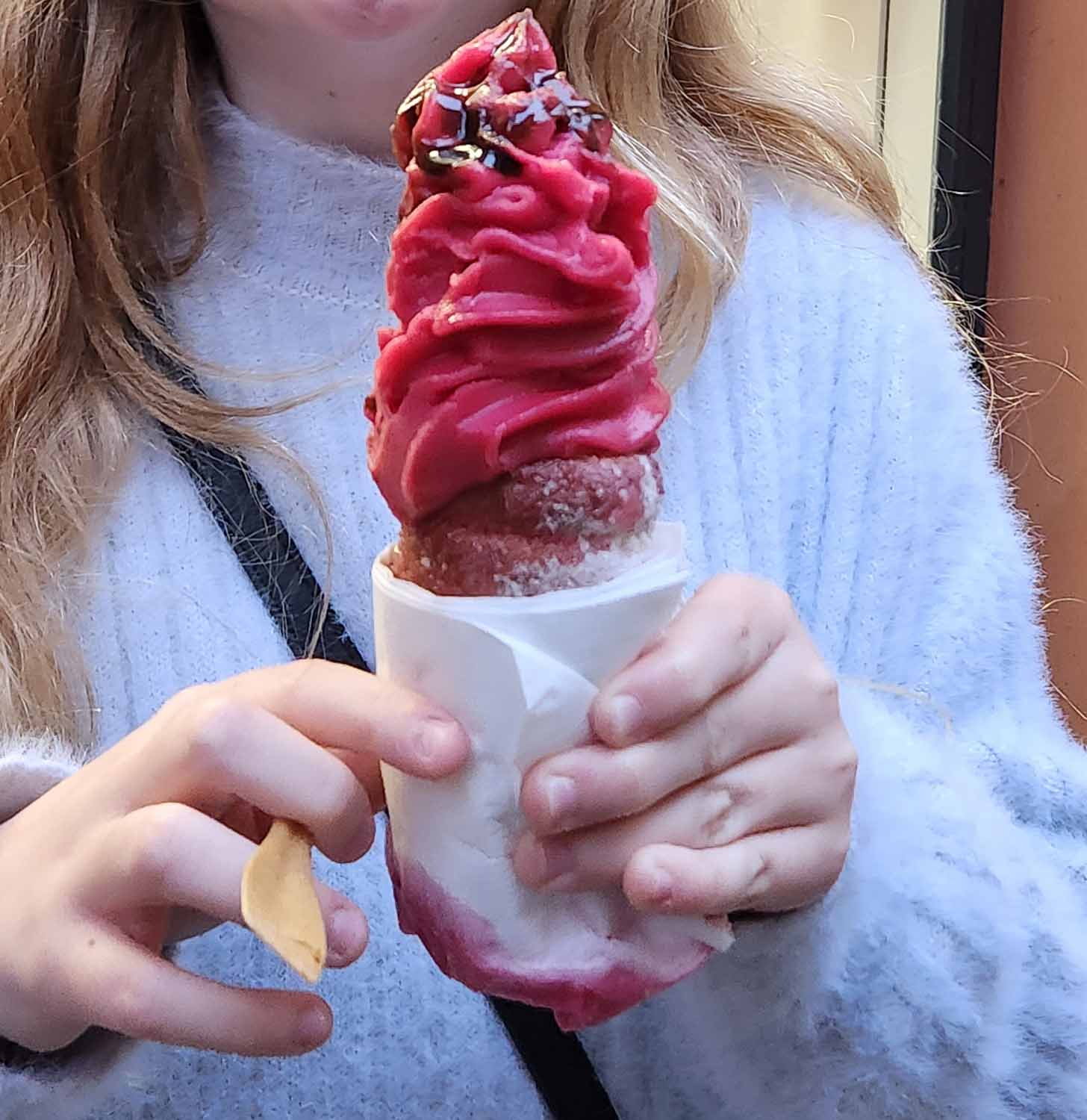 ChImney cake with berry sorbet inside - one of the treats to try in Prague with kids