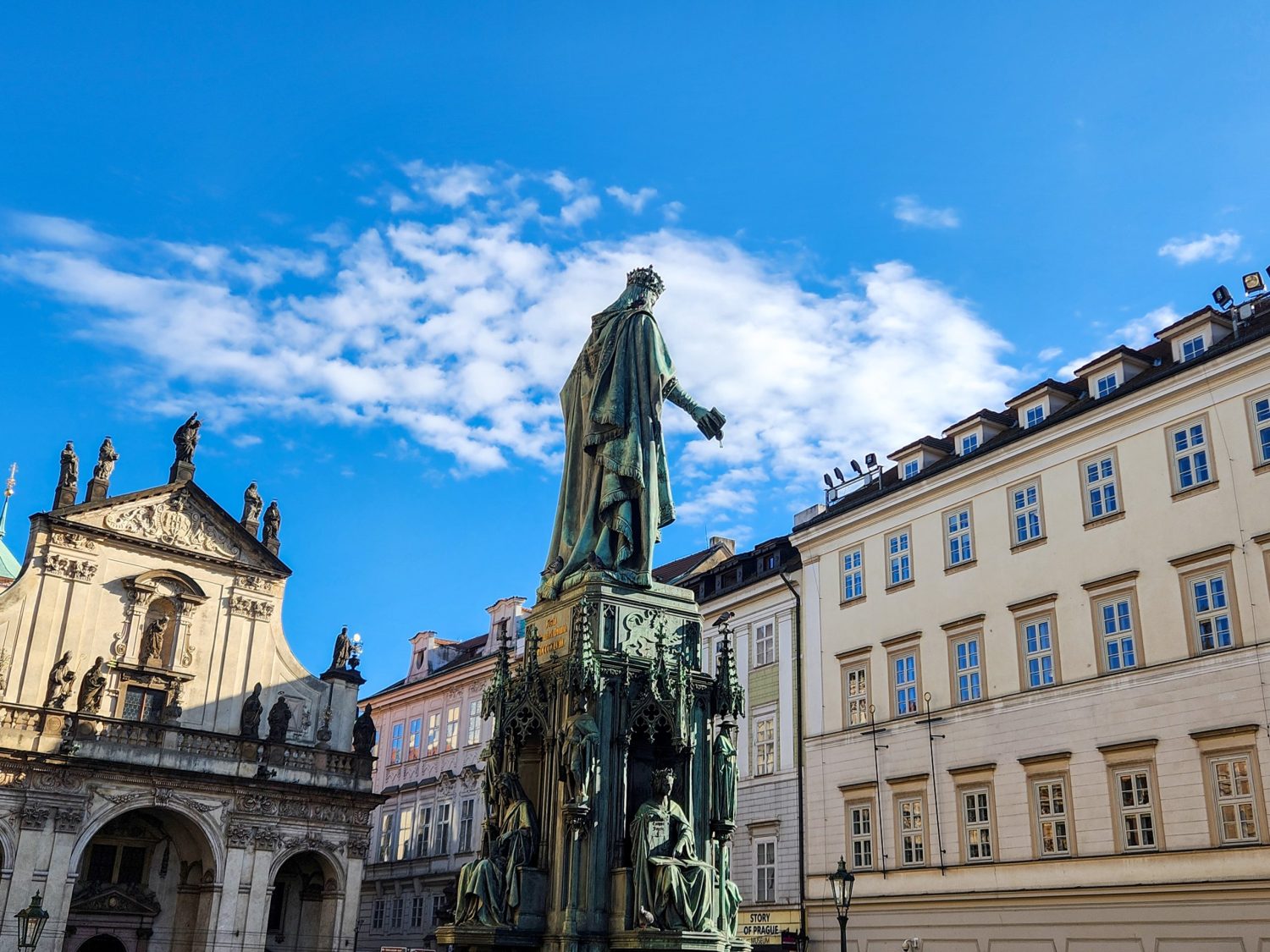 Statue of Charles IV in Knights of the Cross square near the Charles Bridge during a visit to Prague with kids