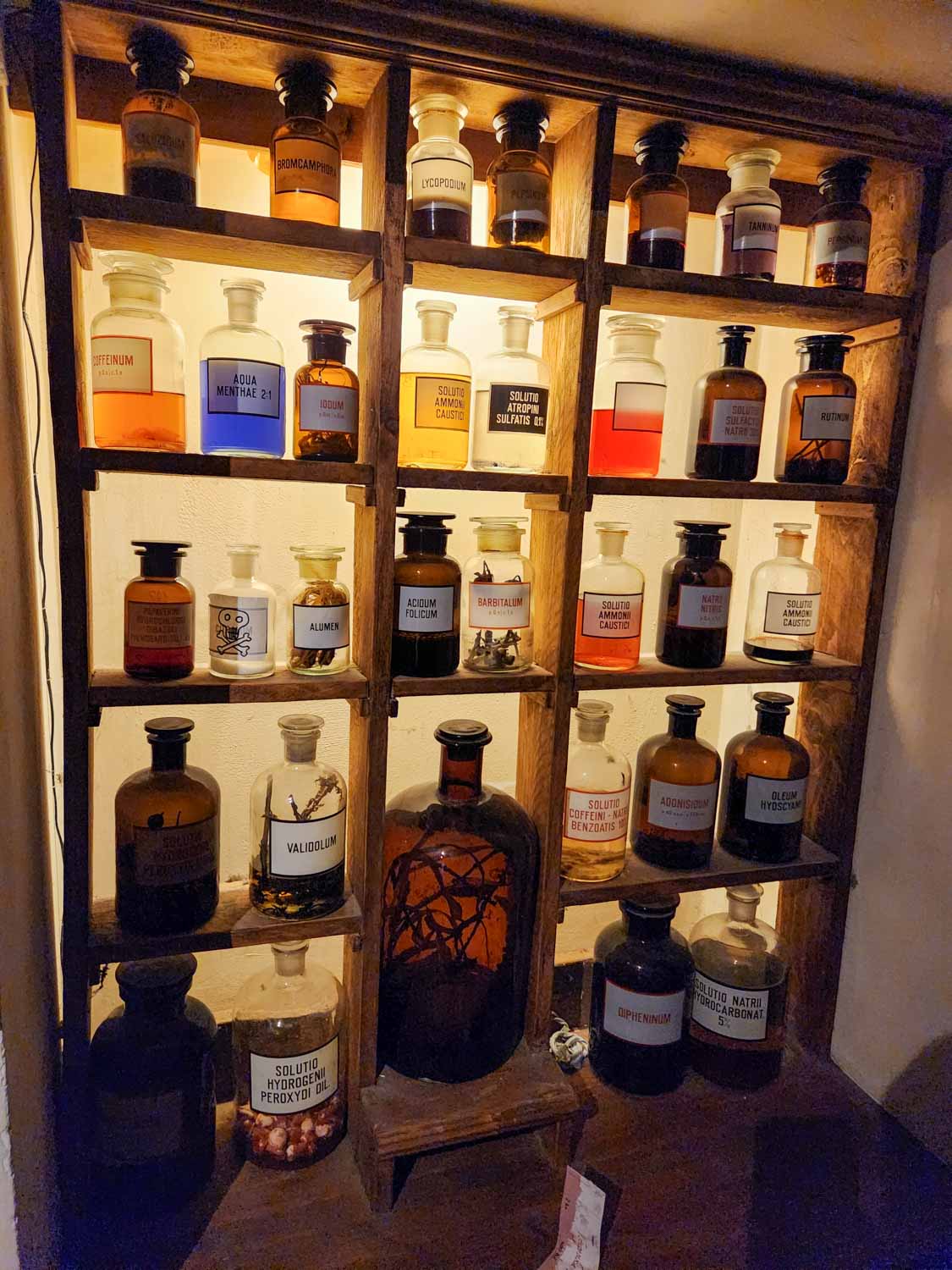 Shelf of bottles with colourful liquids and plants at the Prague Museum of Alchemists and Magicians - one of the most unusual things to do in Prague with kids