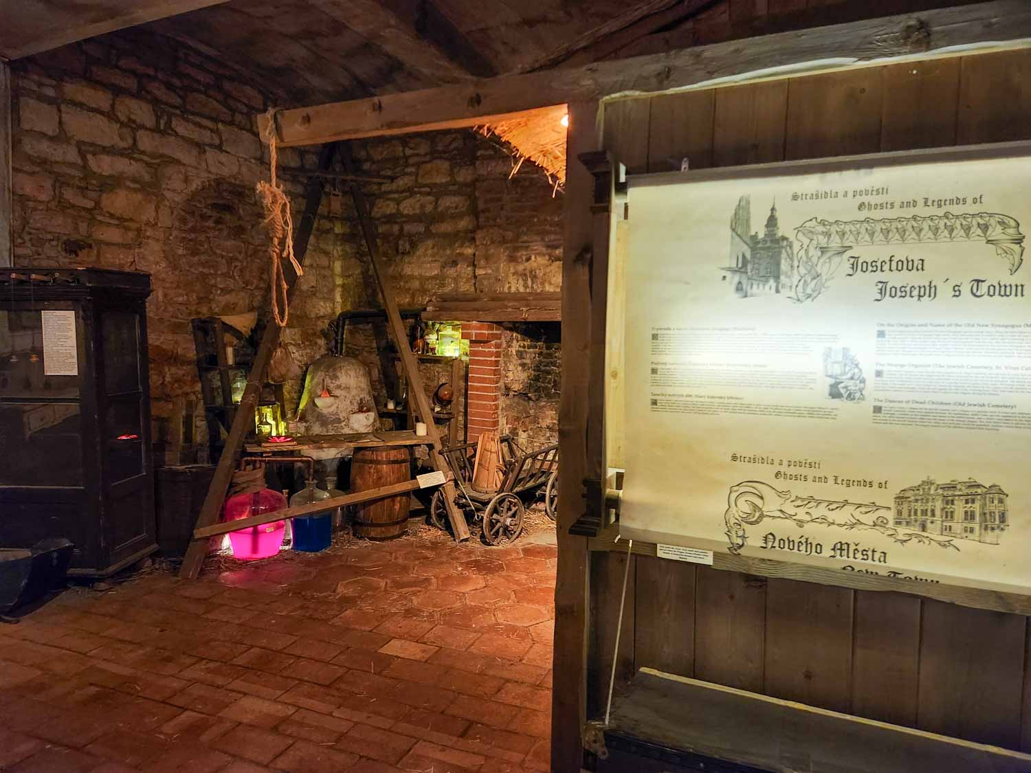 Noose, glowing lights and other items on display at the Museum of Prague Ghosts and Legends - one of the most unusual things to do with kids in Prague