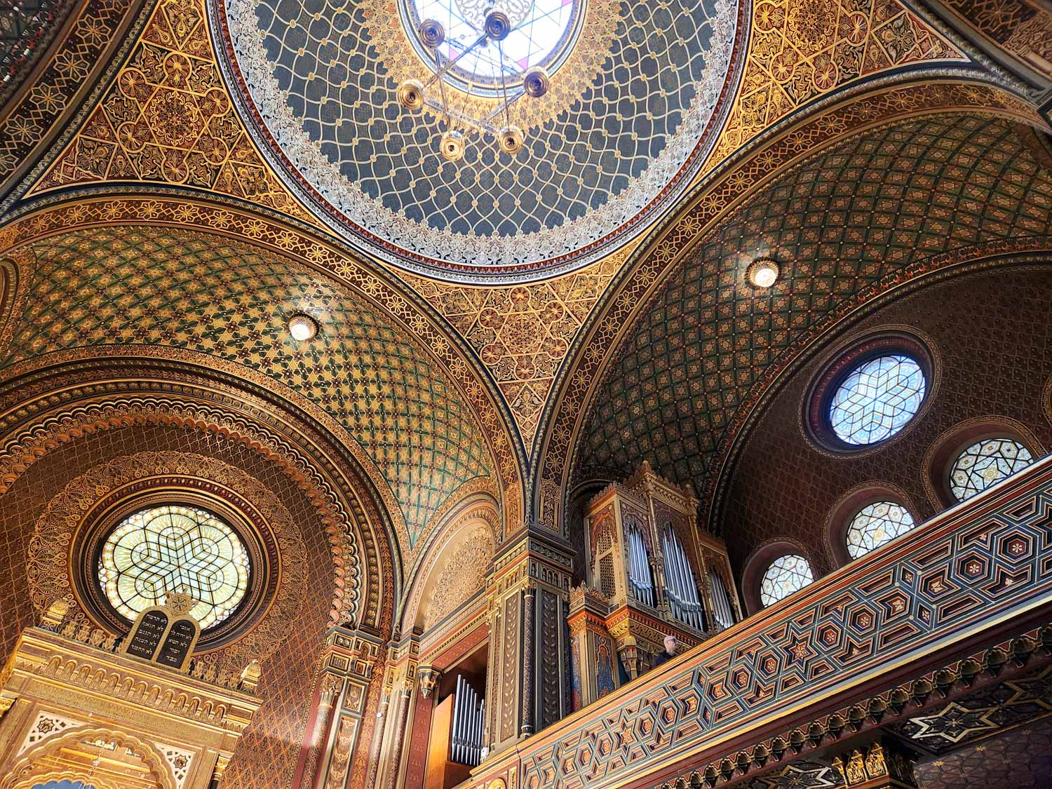 Ornate gilded ceiling at the Spanish Synagogue in Prague, the final stop on our Jewish walking tour of Prague with kids
