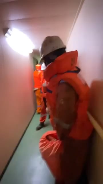 Footage of a crewmember of the Russian shadow fleet tanker "Kairos" recording the attack by Ukrainian sea baby UGVs and the evacuation of the ship.