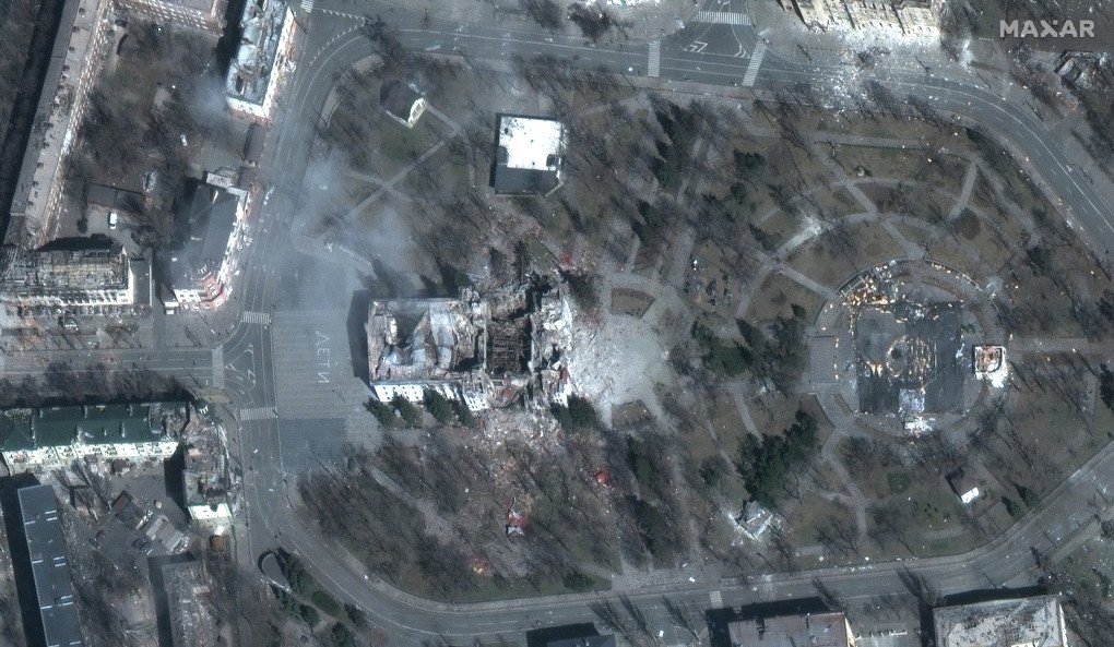 Satellite image shows the destroyed Mariupol Drama Theatre, March 29, 2022. (Source: Getty Images)
