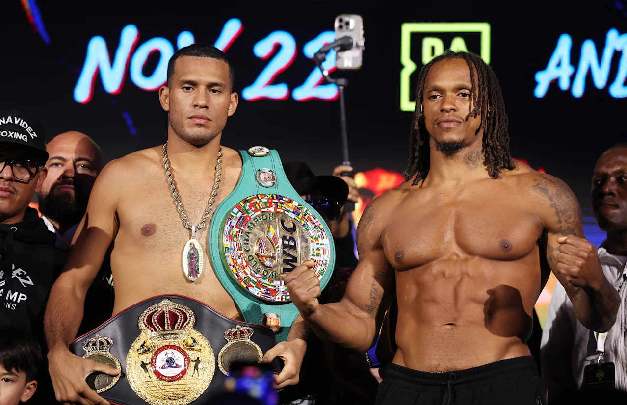 RIYADH, SAUDI ARABIA - NOVEMBER 21: David Benavidez and Anthony Yarde face off ahead of their WBC and WBA World Light Heavyweight Titles fight as part of the Ring IV: Night of the Champions Fight Night at Boulevard Riyadh City Square 2 on November 21, 2025 in Riyadh, Saudi Arabia. (Photo by Richard Pelham/Getty Images)