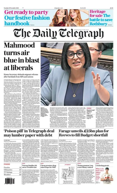 The headline on the front page of the Daily Telegraph reads: “Mahmood turns air blue in blast at liberals”.